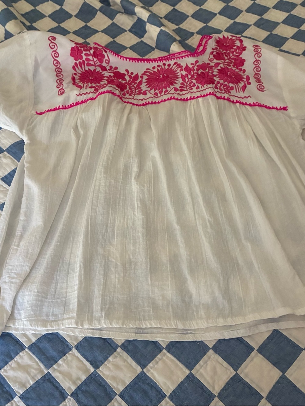 Mexican Embroidered Peasant Blouse with Pink Floral Yoke